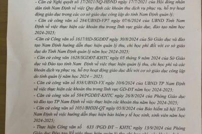 Thông báo công khai các khoản thu năm học 2024-2025