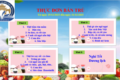 Thực đơn bán trú từ ngày 29/12/2025 đến ngày 31/12/2025