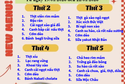 Thực đơn bán trú từ ngày 19/01/2026 đến ngày 22/01/2026